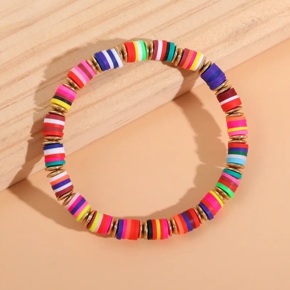 Colorful Soft Clay Discs & Gold Beaded Bracelet NEW - Picture 5 of 9